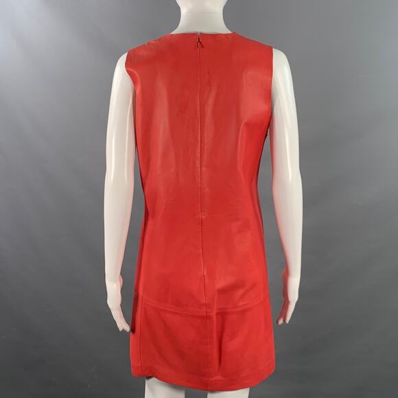 BALENCIAGA Size 8 Red Coral Lambskin Leather Sleeveless Shift Dress - Picture 3 of 10